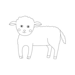 Cute line art sheep stands on four legs. Funny domestic animal. Childish vector illustration in doodle style.