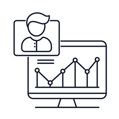 Computer, diagram, person. Management concept, income statistics. Vector icon isolated on white background.