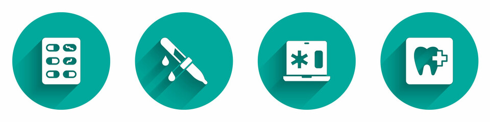 Set Pills in blister pack, Pipette, Clinical record on laptop and Dental clinic location icon with long shadow. Vector