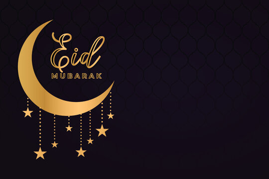 Eid Mubarak. Eid Festival Decorative Background with Golden Half Moon and Hanging Stars. Beautiful Islamic and Arabic background Vector.