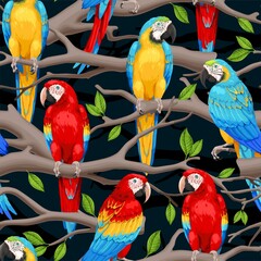 Vector seamless pattern with macaw and trees