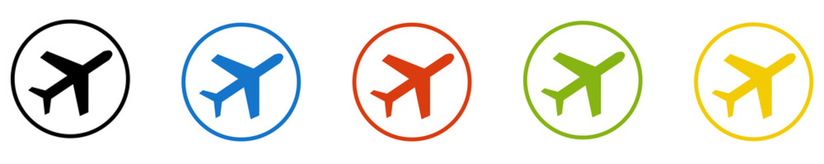 Obraz premium Bunter Banner mit 5 farbigen Icons: Flugzeug, Flughafen, Start oder Abflug