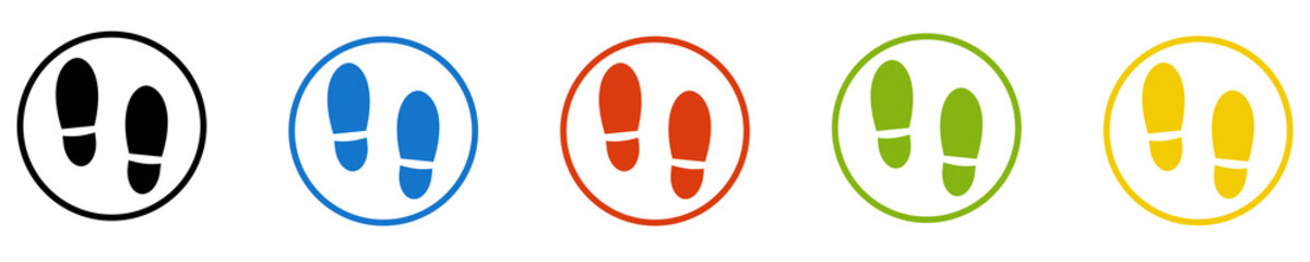 Bunter Banner mit 5 farbigen Icons: Fußspuren, Schuhabdrücke, Spuren oder Laufrichtung