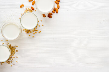 Almonds rice and oats milk. Non dairy vegan diet nutrition