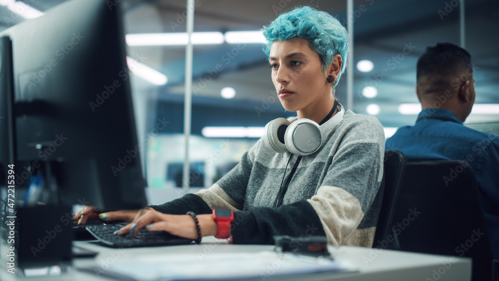 Aufkleber In Diverse Multi-Ethnic Office: Portrait of Young Stylish Woman Working on Desktop Computer. Non-Binary Person Creating Modern Content, Do Contemporary Project Design, Create Colorful Marketing