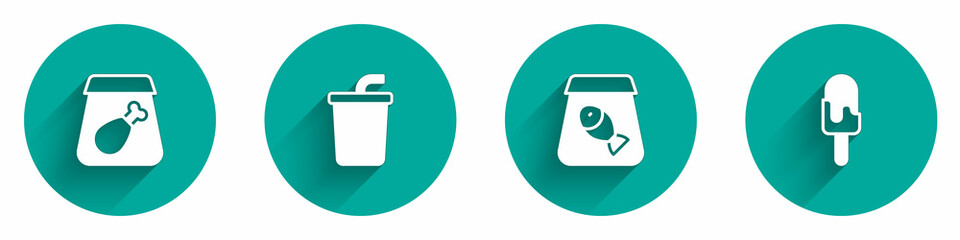 Set Online ordering meal, Paper glass with water, fish and Ice cream icon with long shadow. Vector