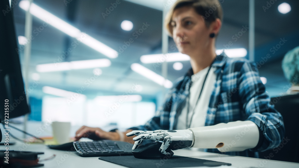 Poster diverse body positive office: portrait of motivated woman with disability using prosthetic arm to wo
