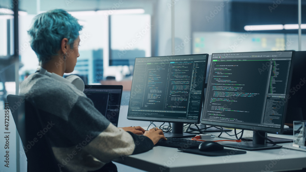 Poster In Diverse Office: Female Programmer is Working on Desktop Computer, Screen Shows Coding Language User Interface. Digital Entrepreneur Creating Modern Software, e-Commerce App Design. Over Shoulder
