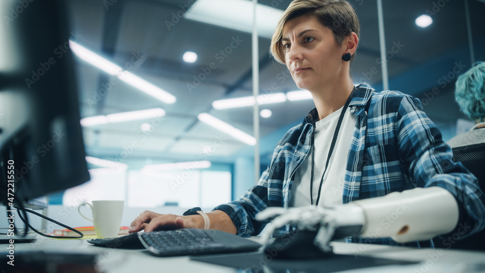 Aufkleber diverse body positive office: portrait of motivated woman with disability using prosthetic arm to wo