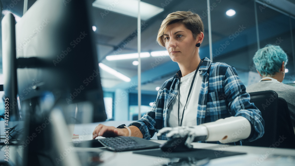 Aufkleber diverse body positive office: portrait of motivated woman with disability using prosthetic arm to wo
