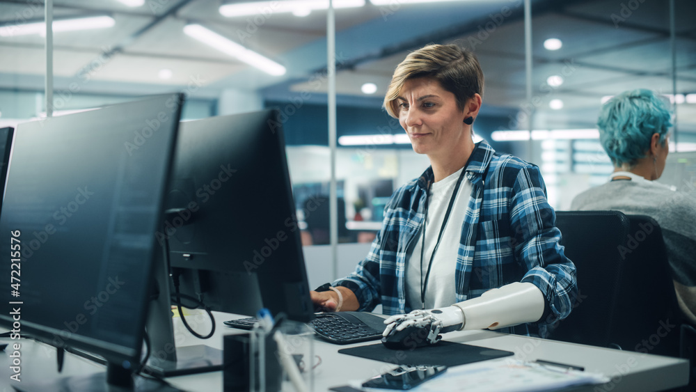 Aufkleber diverse body positive office: portrait of motivated woman with disability using prosthetic arm to wo