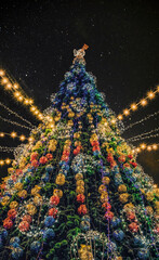 Shining Christmas tree against the background of the night starry sky