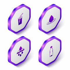 Set Isometric Glass with water, Water drop, filter cartridge and Bottle of icon. Purple hexagon button. Vector