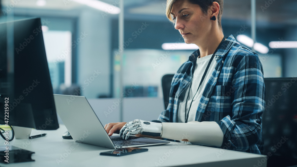 Aufkleber diverse body positive office: portrait of motivated woman with disability using prosthetic arm to wo