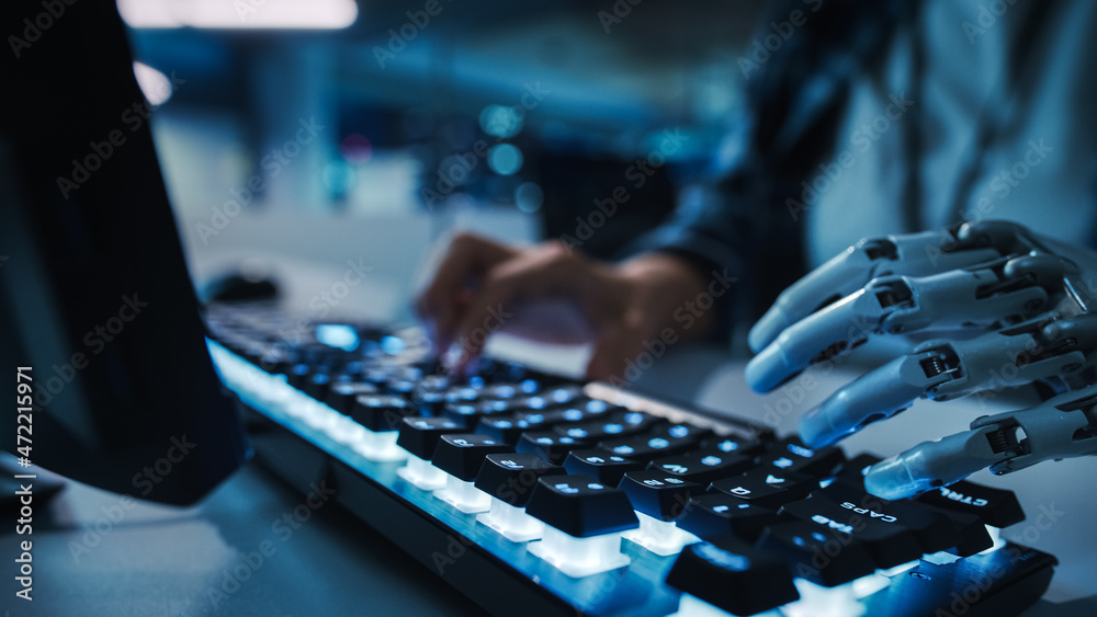 Poster Close-up on Hands: Programmer With Disability Using Prosthetic Arm to Work on Illuminated Computer Keyboard. Swift and Natural Use of Myoelectric Bionic Hand To Type for e-Commerce Software Project.