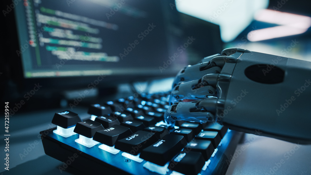 Poster Close-up on Hands: Programmer With Disability Using Prosthetic Arm to Work on Illuminated Computer Keyboard. Swift and Natural Use of Myoelectric Bionic Hand To Type Code for Software at Night.