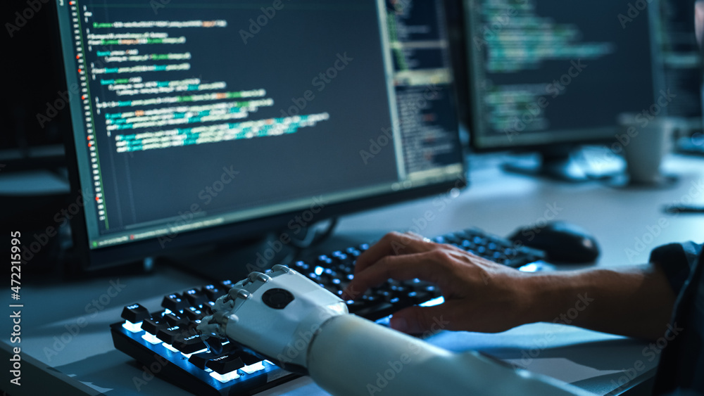 Aufkleber Focus on Hands: Programmer With Disability Using Prosthetic Arm to Work on Illuminated Computer Keyboard. Swift and Natural Use of Myoelectric Bionic Hand To Type Code for Software at Night.