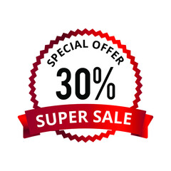 30% Discount Price Tag. Special Offer Super Sale Emblem Isolated Vector