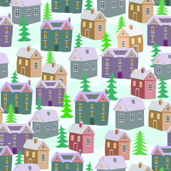 Christmas seamless pattern. Small houses and elegant Christmas trees. Vector.