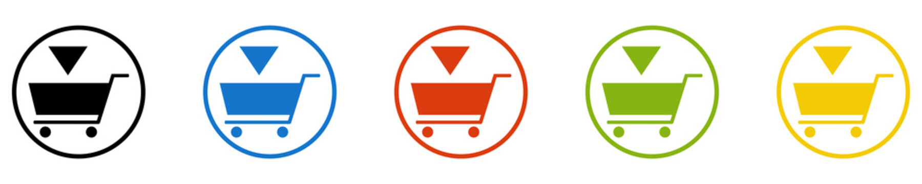 Bunter Banner mit 5 farbigen Icons: Shop, Onlineshop, Bestellen, Kaufen oder in den Warenkorb