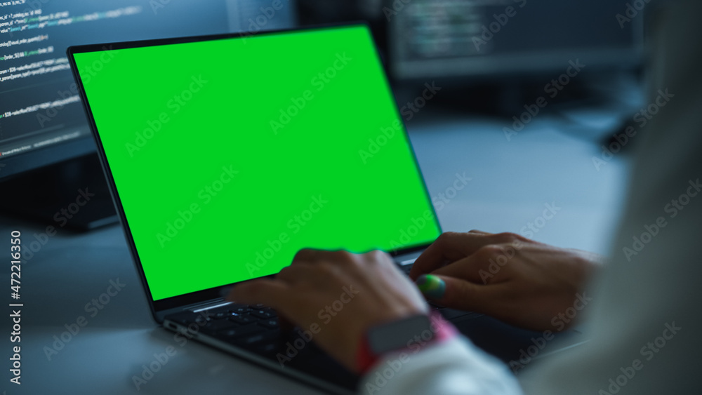 Poster Close-up Focus on Person's Hands Typing on the Green Screen Chroma key Laptop Computer Keyboard. Software Engineer Create Innovative e-Commerce App. Program Development