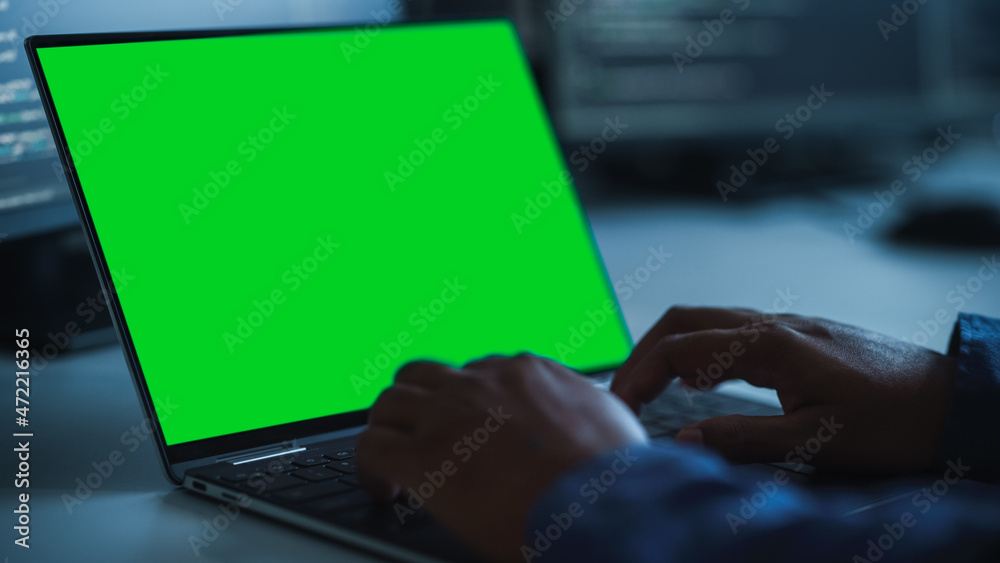 Poster Close-up Focus on Person's Hands Typing on the Green Screen Chroma key Laptop Computer Keyboard. Software Engineer Create Innovative e-Commerce App. Program Development
