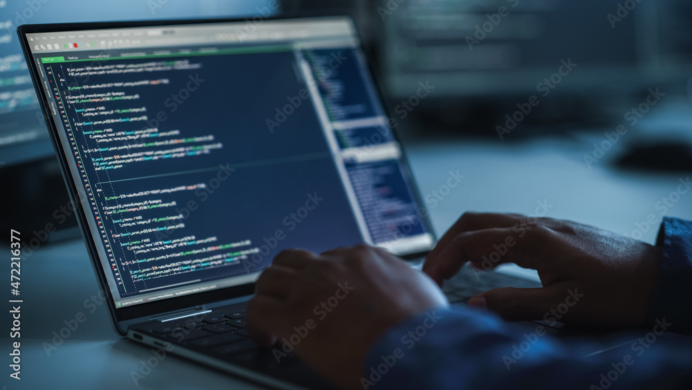 Poster Close-up Focus on Person's Hands Typing on the Desktop Computer Keyboard. Screens Show Coding Language User Interface. Software Engineer Create Innovative e-Commerce App. Program Development