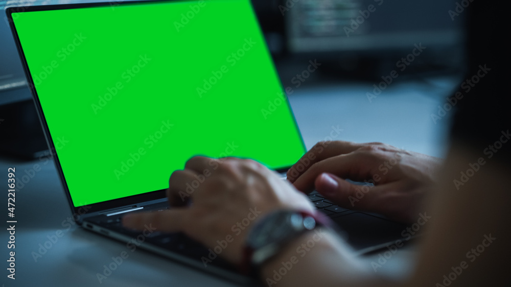 Poster Close-up Focus on Person's Hands Typing on the Green Screen Chroma key Laptop Computer Keyboard. Software Engineer Create Innovative e-Commerce App. Program Development
