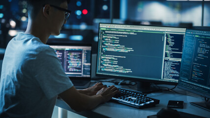 Night Office: Young Handsome Man in Working on Desktop Computer. Digital Entrepreneur Typing Code,...