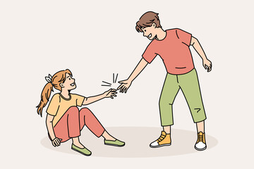 Caring boy give hand help friend rise up after falling. Kind small child show care for girl mate. Good behavior example. Upbringing and childhood. Offer aid to people in need. Vector illustration. - obrazy, fototapety, plakaty
