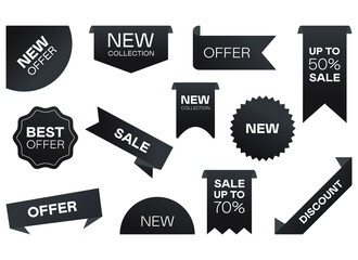Obraz premium Different Sale Black Ribbons Price Badges Special Offer Labels and Discount Stickers Flat Vector illustration collection. Promotion Templates and Design Elements Vector