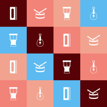 Set pop art Harmonica, Drum with drum sticks, African percussion and Mandolin icon. Vector