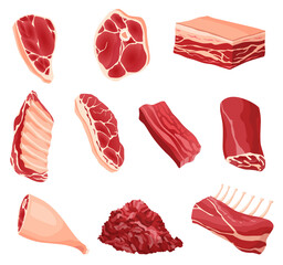 Meat products and raw meat. Illustration for concept product of farmers market or shop. Different kind of meat. Cartoon product icons