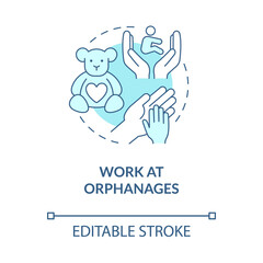 Work at orphanages blue concept icon. Volunteering help for kids. Support youth by donation abstract idea thin line illustration. Vector isolated outline color drawing. Editable stroke
