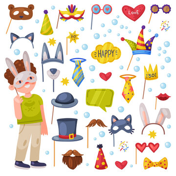 Party Birthday Photo Booth Props and Happy Little Boy Vector Set