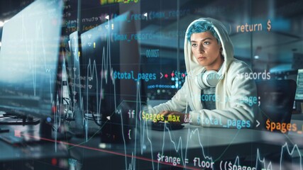 Late at Night in Office: Portrait of Young Stylish Freelancer Woman Working on Computer. Non-Binary Person Creating Modern Content. Shot with Visualisation of Running Computer Code on Foreground