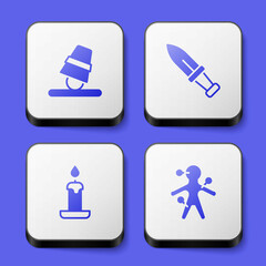 Set Game thimbles, Dagger, Burning candle and Voodoo doll icon. White square button. Vector