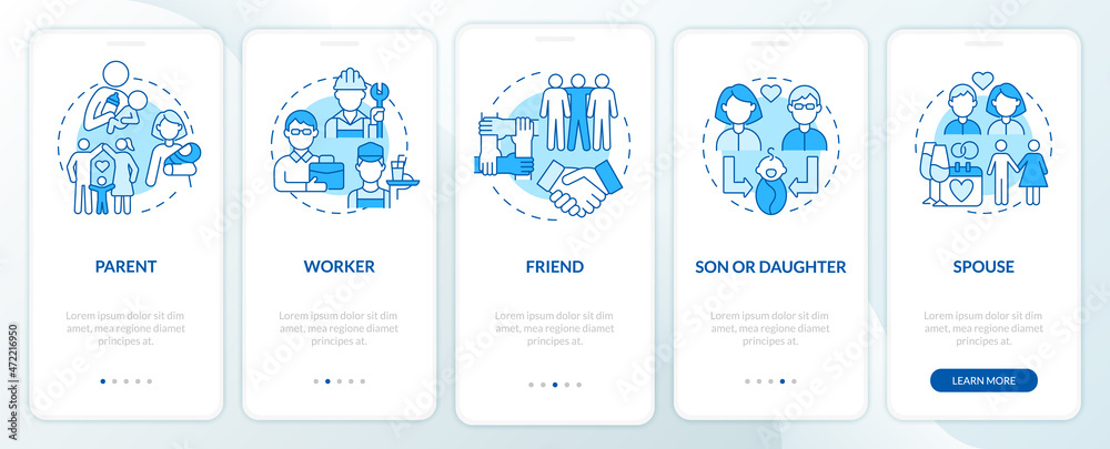 Poster social function example blue onboarding mobile app page screen. role in community walkthrough 4 step