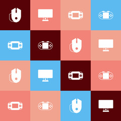 Set pop art Computer mouse, monitor, Portable video game console and icon. Vector