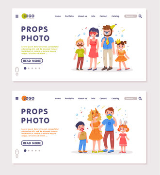 Landing Page with Family and Kids Wearing Party Birthday Photo Booth Props Standing and Smiling Vector Template