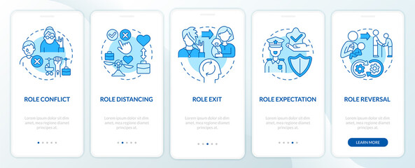 Social role action blue concept onboarding mobile app page screen. Position activity walkthrough 4 steps graphic instructions with concepts. UI, UX, GUI vector template with linear color illustrations