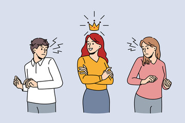 Jealous colleagues envy successful female coworker with crown on head. Confident motivated businesswoman make business partners angry. Rivalry and competition. Vector illustration.
