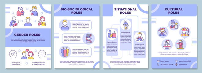 Fototapeta na wymiar Social roles in community brochure template. Personal position flyer, booklet, leaflet print, cover design with linear icons. Vector layouts for presentation, annual reports, advertisement pages
