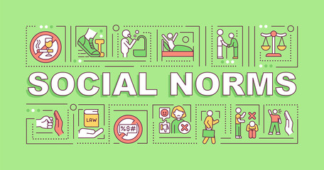 Social norms word concepts banner. Community culture rules. Infographics with linear icons on green background. Isolated creative typography. Vector outline color illustration with text - obrazy, fototapety, plakaty