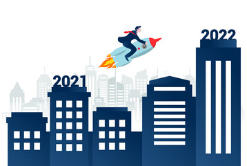 illustration of a businessman rides a rocket from 2021 to 2022 with a city view in the background.