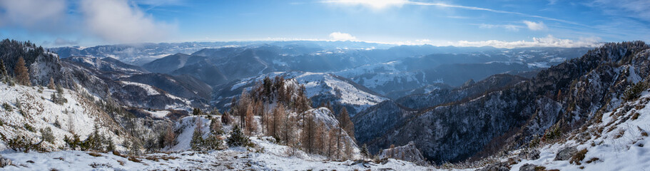 Panoramic view from the peak at Scarita Belioara natural rezerve in Transylvania, Romania