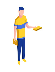 Isometric people icon. 3d men front view with books in hands. Modern young people. Isolated illustration