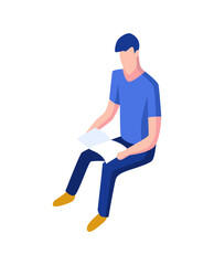 Isometric people icon. 3d men sit and hold and read book. Modern young people. Isolated illustration