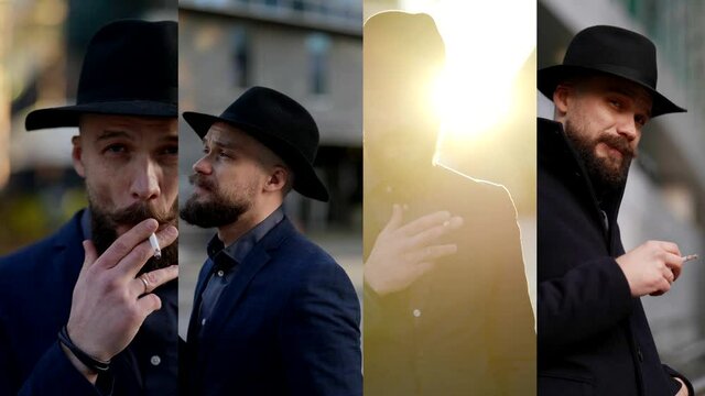 handsome hipster is posing on city street in evening, smoking cigarette, collage