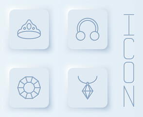 Set line King crown, Piercing, Diamond and Pendant necklace. White square button. Vector